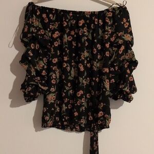 CeCe Black and Orange Ruffled Tie Front Blouse